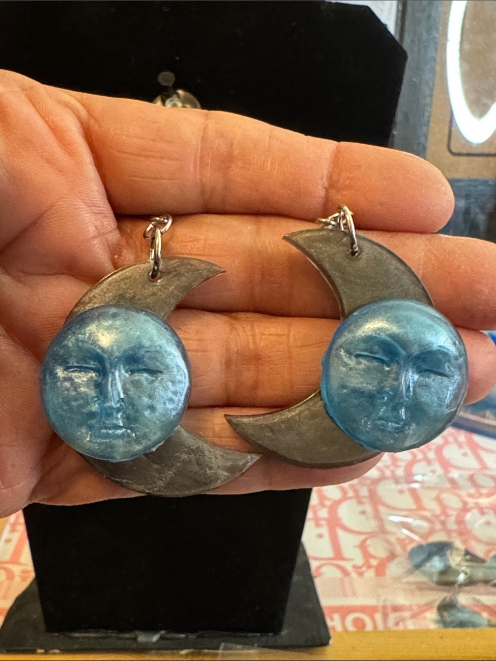 Blue Moon / cresent moon Face Drop Earrings